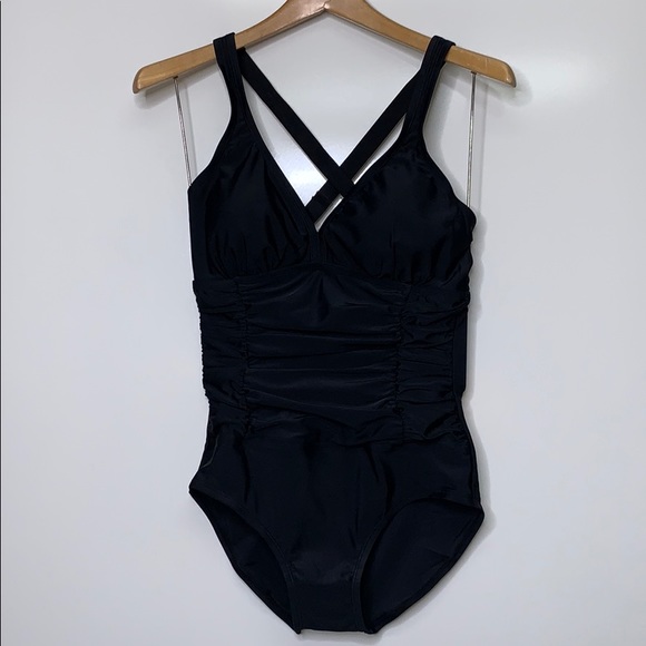 SHELY Black One Piece Cross Tummy Control Swimsuit - Picture 2 of 11